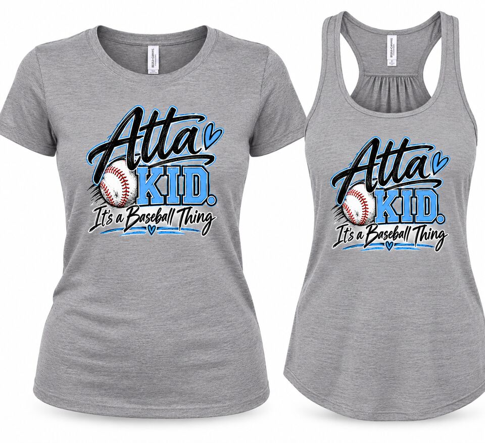 The grey Atta Kid ladies tee and racerback tank