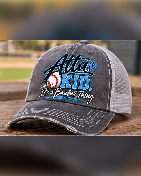 The grey Atta Kid trucker hat on the bench