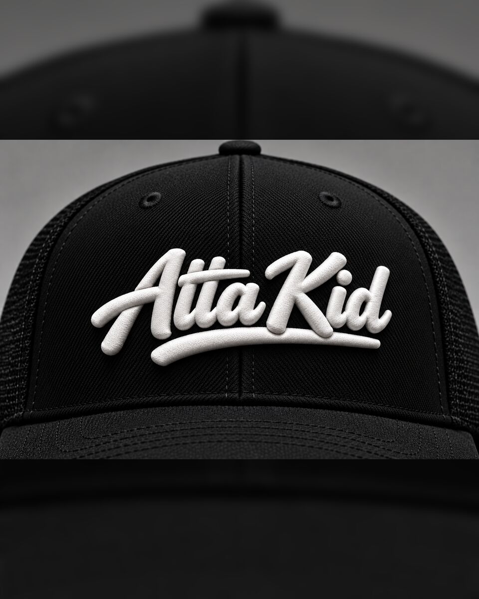 Black trucker hat with the Atta Kid logo in white puff embroidery, up close