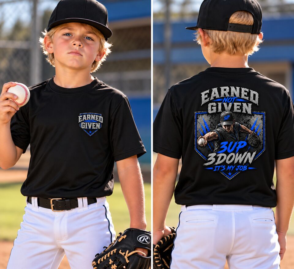 A young pitcher in the 3 Up 3 Down tee, front and back