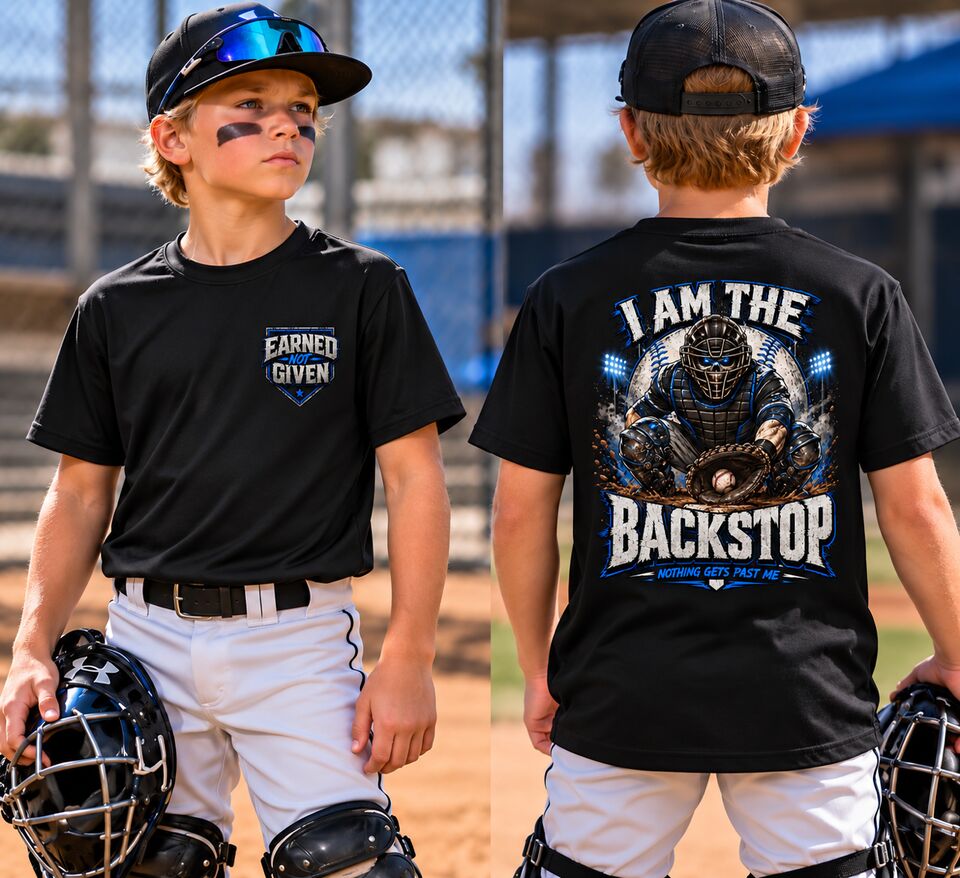 A young catcher in the blue I Am The Backstop tee, front and back