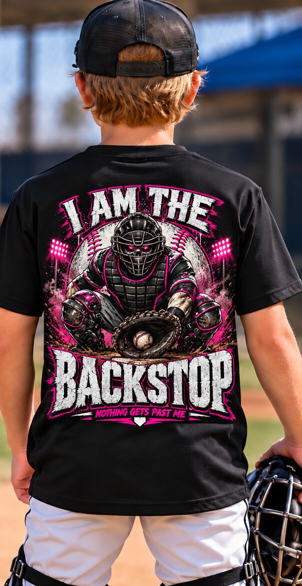 Back of the pink I Am The Backstop tee on a young catcher