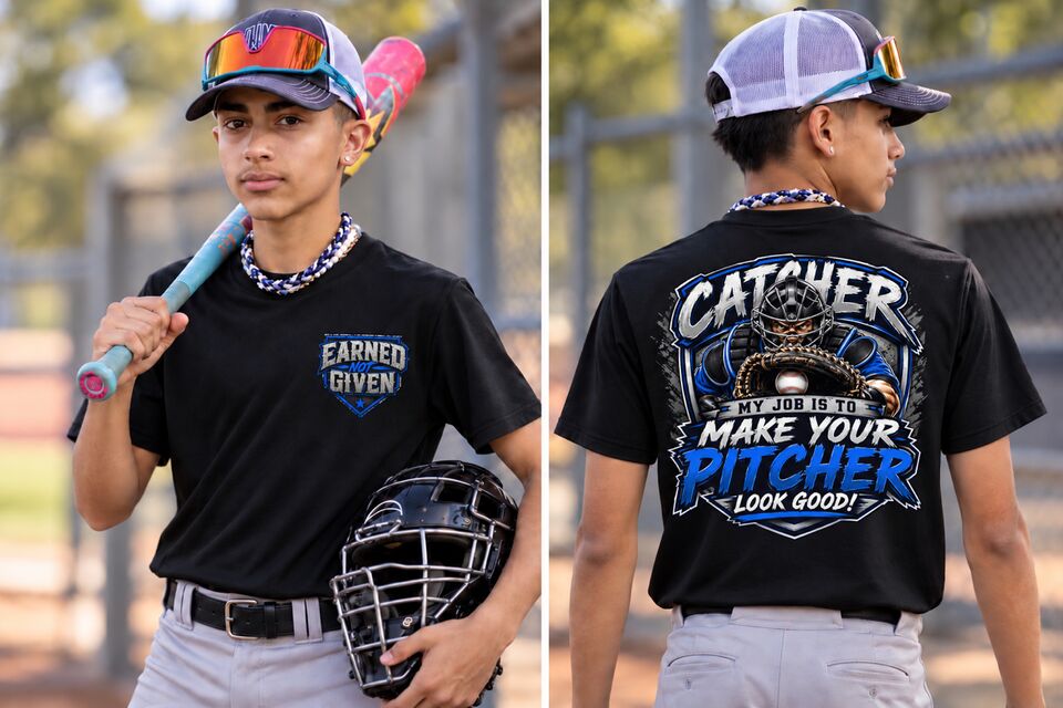 A catcher in the blue Make Your Pitcher Look Good tee, front and back