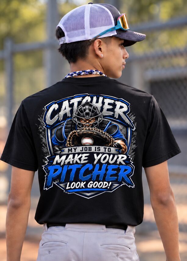 Back of the blue Make Your Pitcher Look Good tee