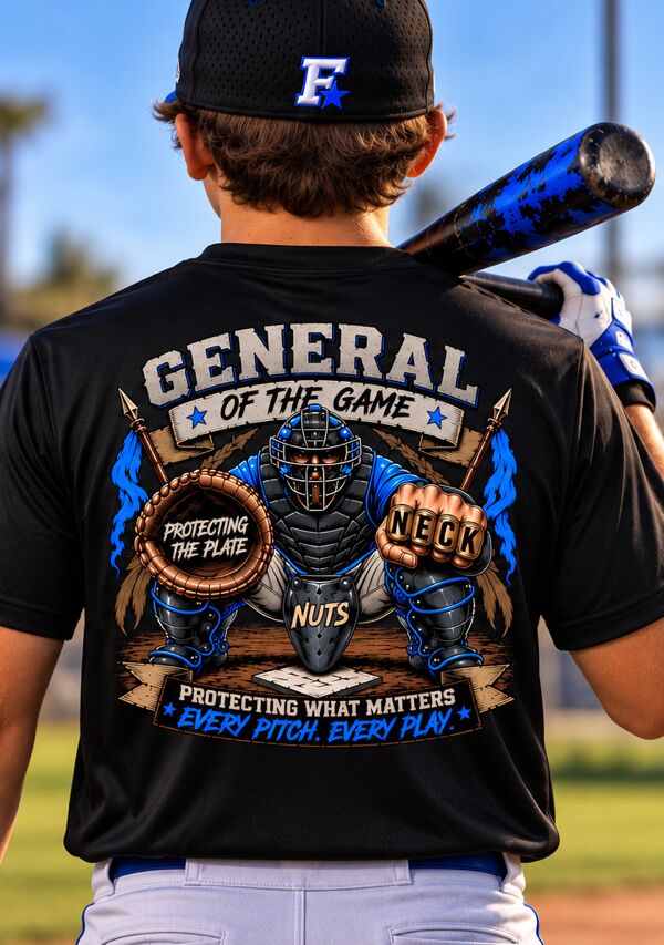 Back of the blue General Of The Game tee on a player with a bat