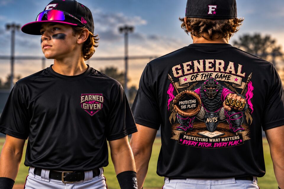 Two players in the pink General Of The Game tee at sunset, front and back