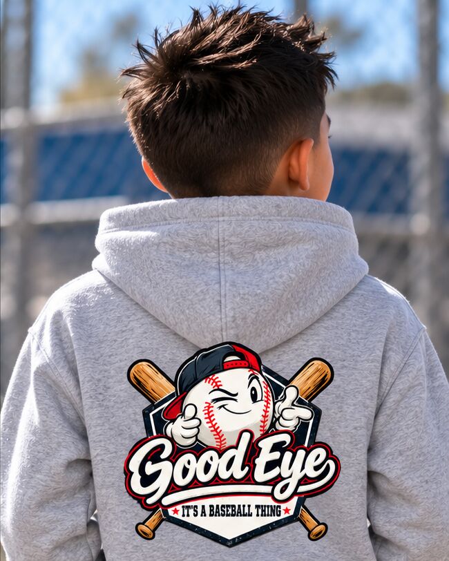 Back of the grey Good Eye hoodie on a young player
