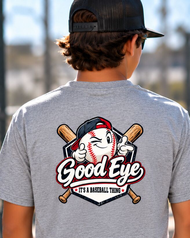 Back of the grey Good Eye tee on a player at the ball field