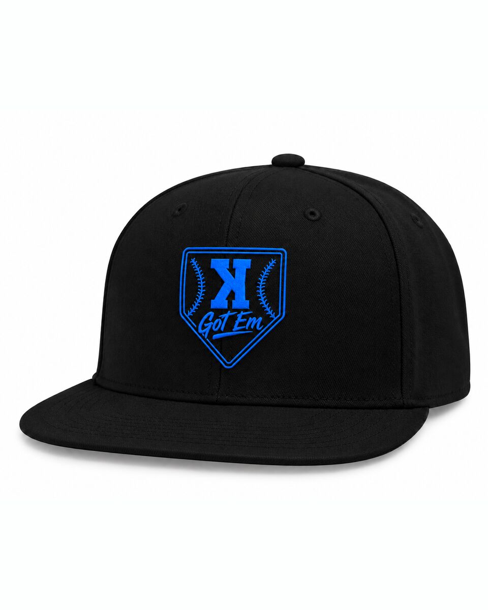 Black Got 'Em flat bill with the logo embroidered in blue