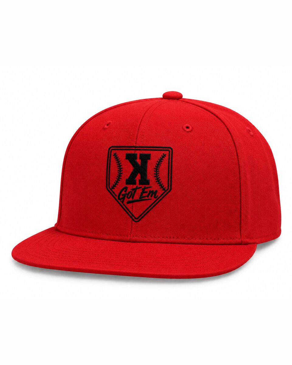 Red Got 'Em flat bill with the logo embroidered in black