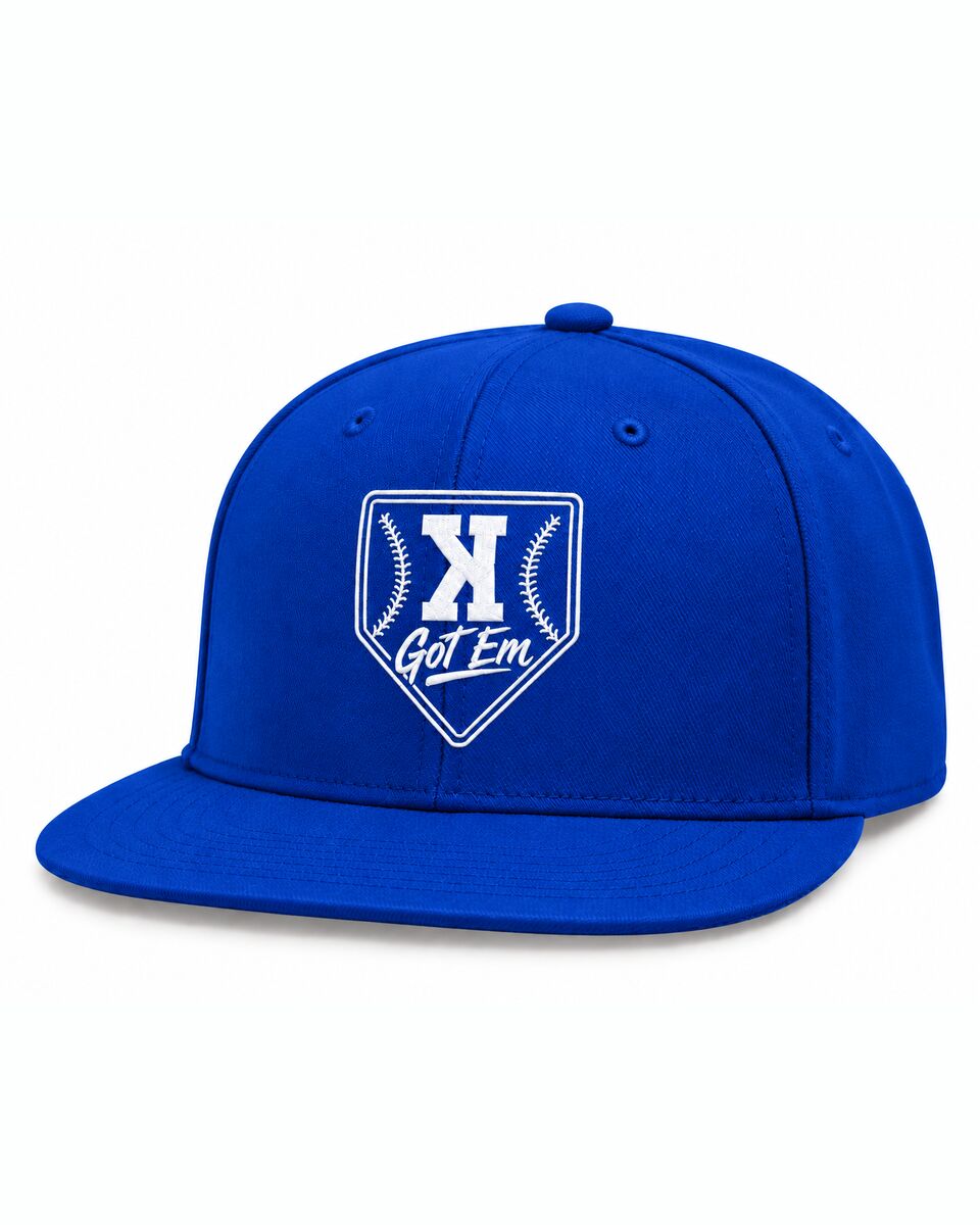 Royal blue Got 'Em flat bill with the logo embroidered in white