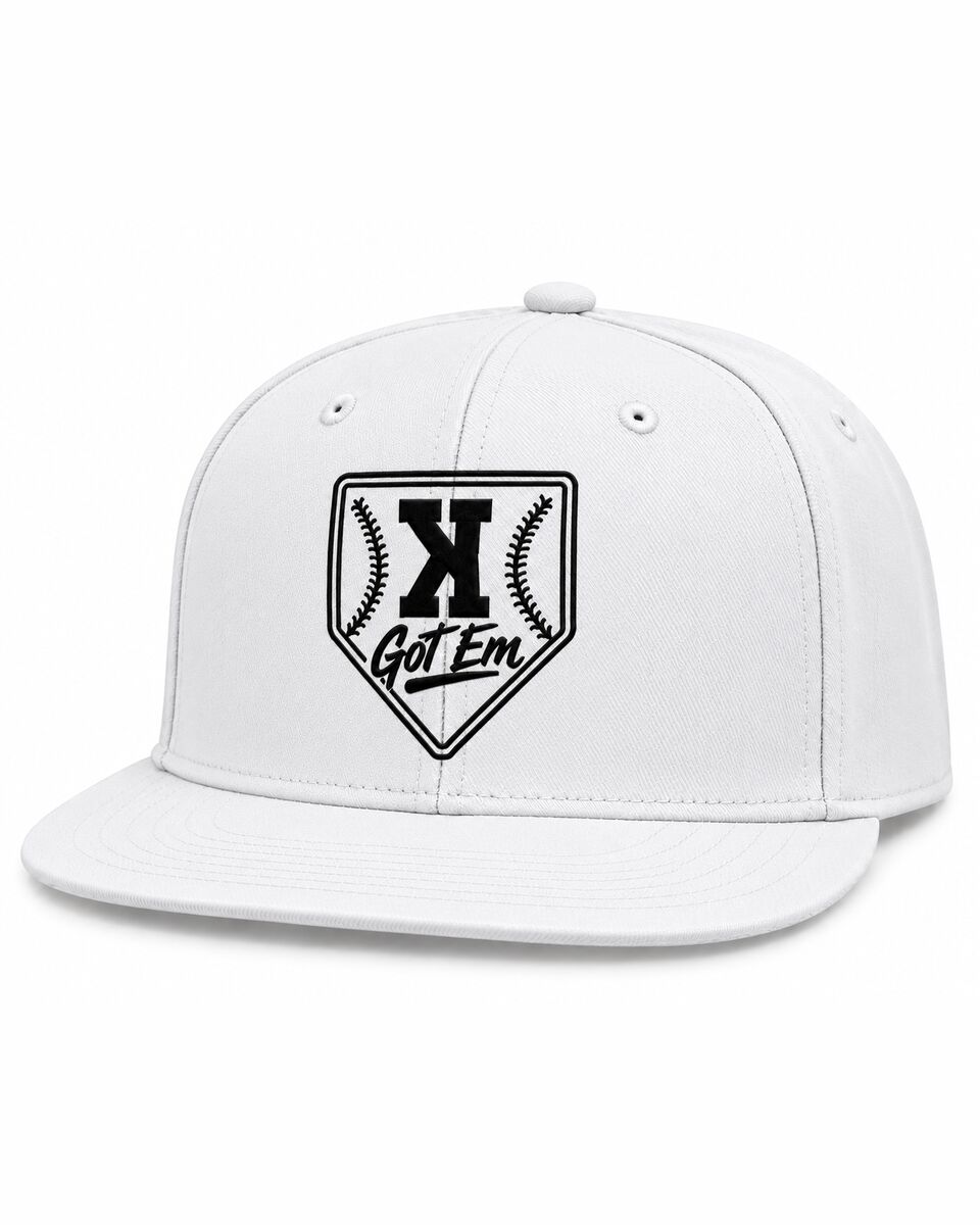 White Got 'Em flat bill with the logo embroidered in black