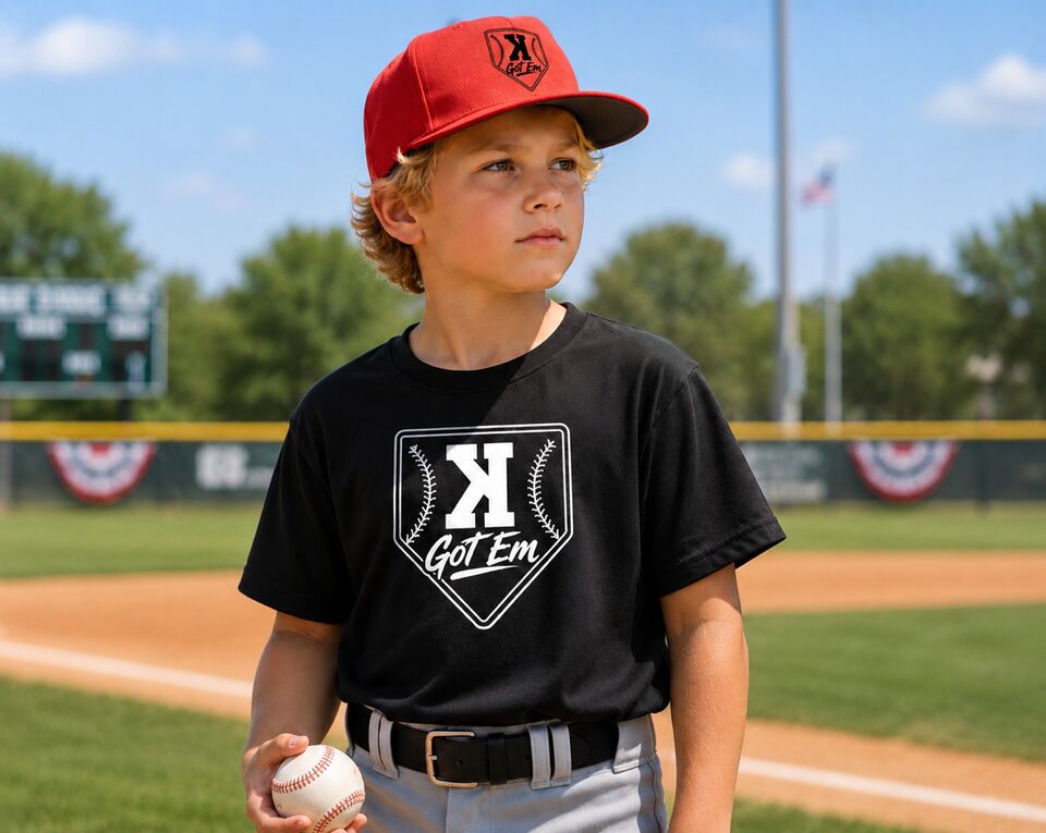 Player in the black Got 'Em tee and red hat holding a baseball