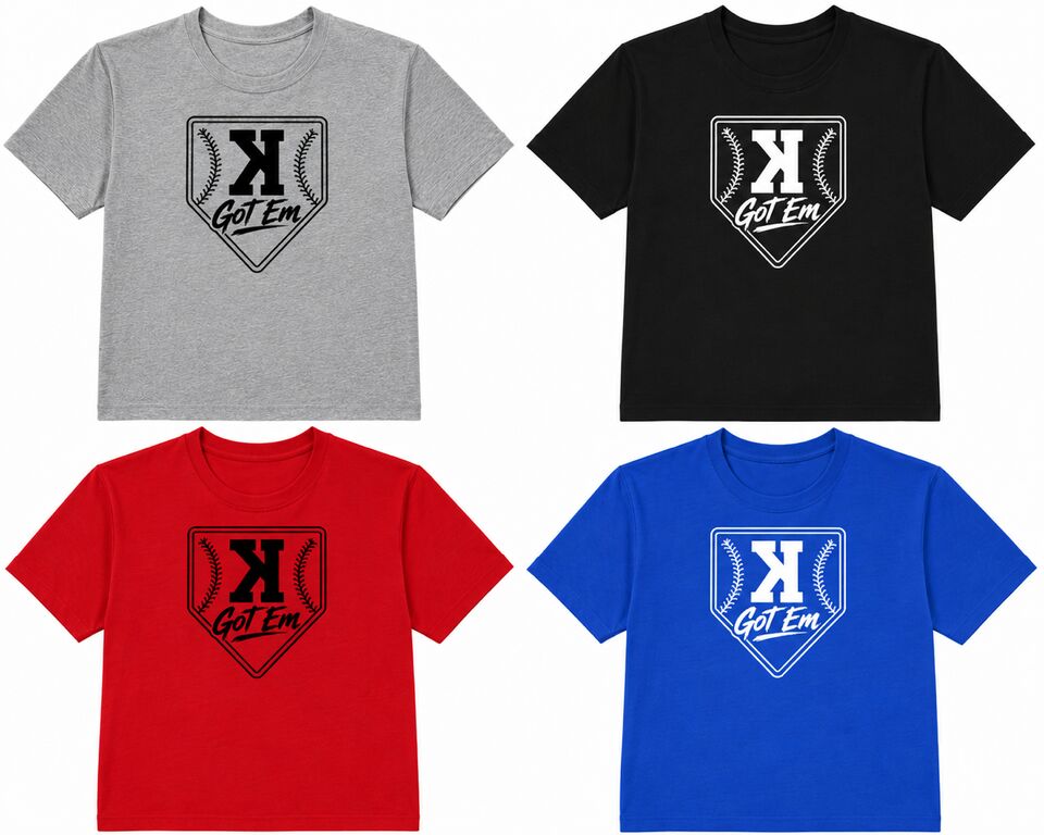 Got 'Em tees laid out in grey, black, red and royal blue