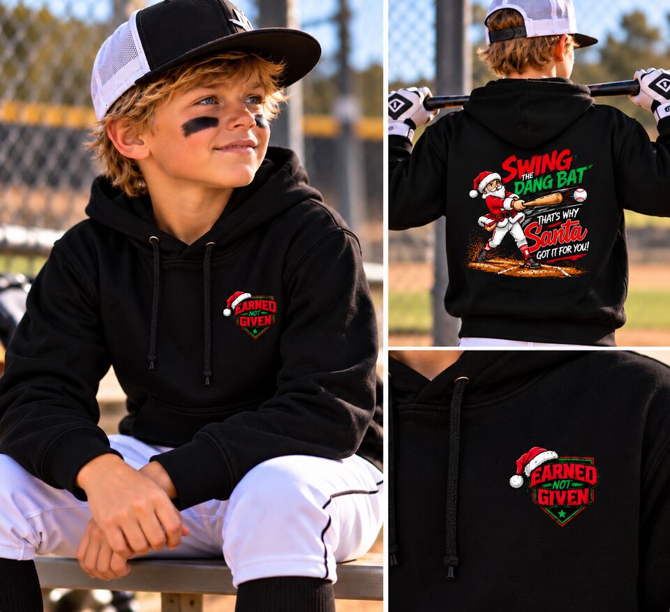 A young player in the black Swing The Dang Bat hoodie, front, back and the Santa hat crest