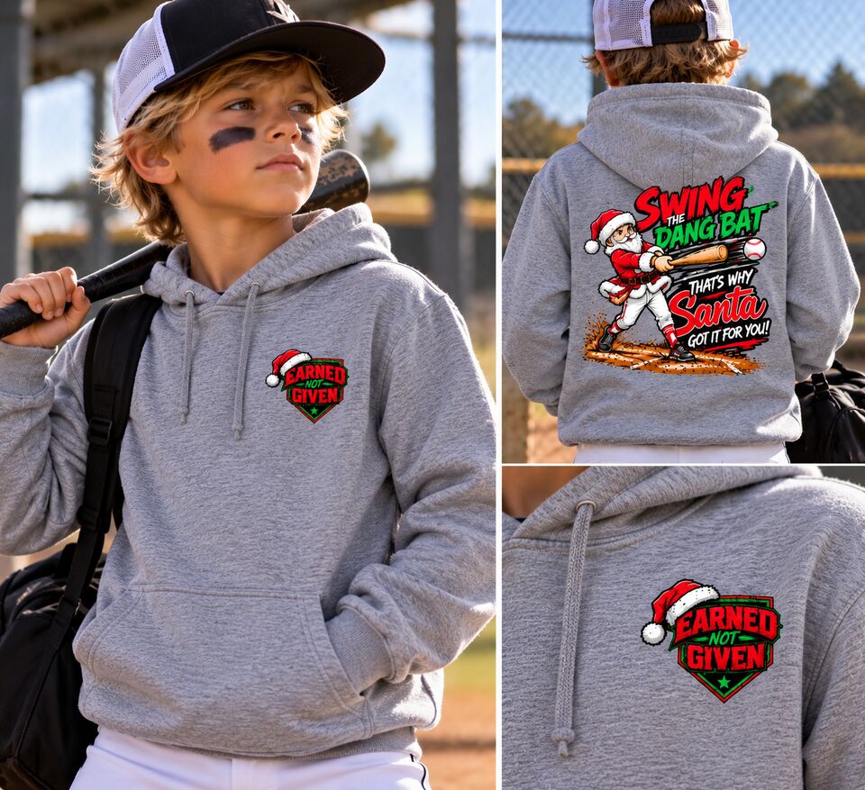 A young player in the grey Swing The Dang Bat hoodie, front, back and the Santa hat crest