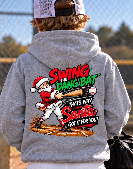 Back of the grey Swing The Dang Bat hoodie with Santa swinging a bat