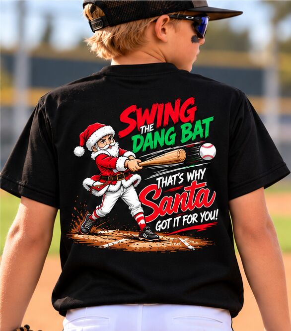 Back of the black Swing The Dang Bat tee with Santa swinging a bat