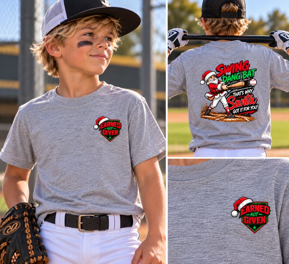 A young player in the grey Swing The Dang Bat tee, front, back and the Santa hat crest