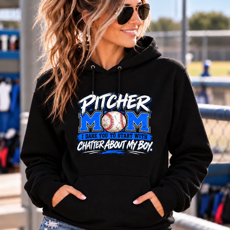 A mom in the black Pitcher Mom hoodie with the blue print