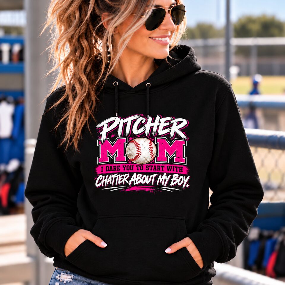 A mom in the black Pitcher Mom hoodie with the pink print